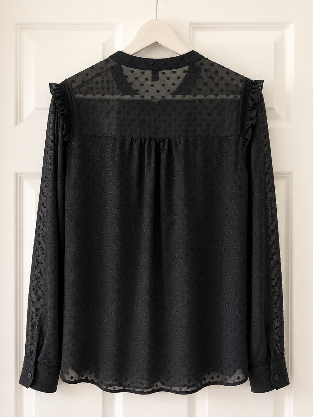 Express Black Sheer Clip Dot Ruffle Trim Button Front Blouse Size XL Boho - Picture 2 of 4